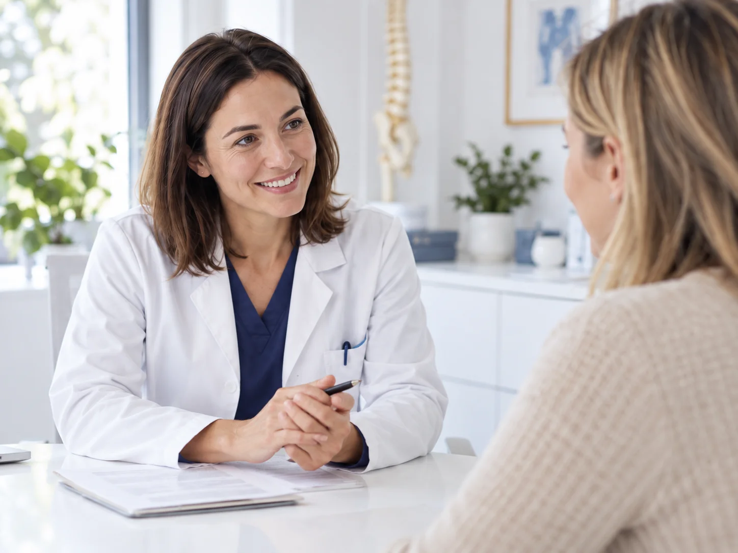Illustrative consultation between a clinician and a patient in a bright clinic